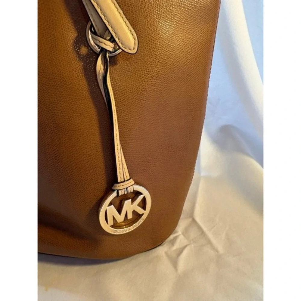 Michael Kors Brown Pebbled Leather Tote Bag Gold Tone MK Charm‎ Shoulder Bag
